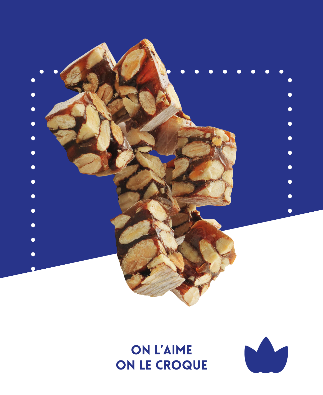 Nougat noir croquant Le Patriarche avec 60% d'amandes, miel caramélisé, arôme d'orange et cognac