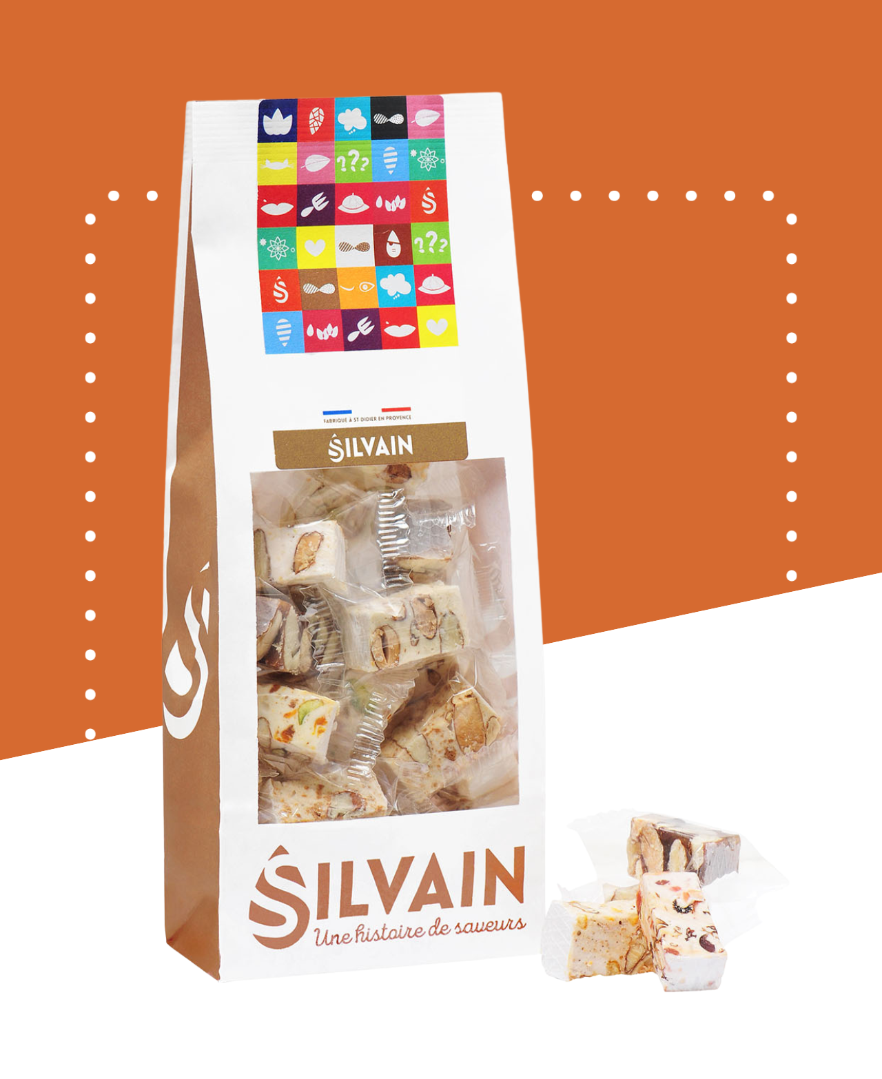 Sachet de 200g de nougats mélangés, emballés individuellement en quatre saveurs.