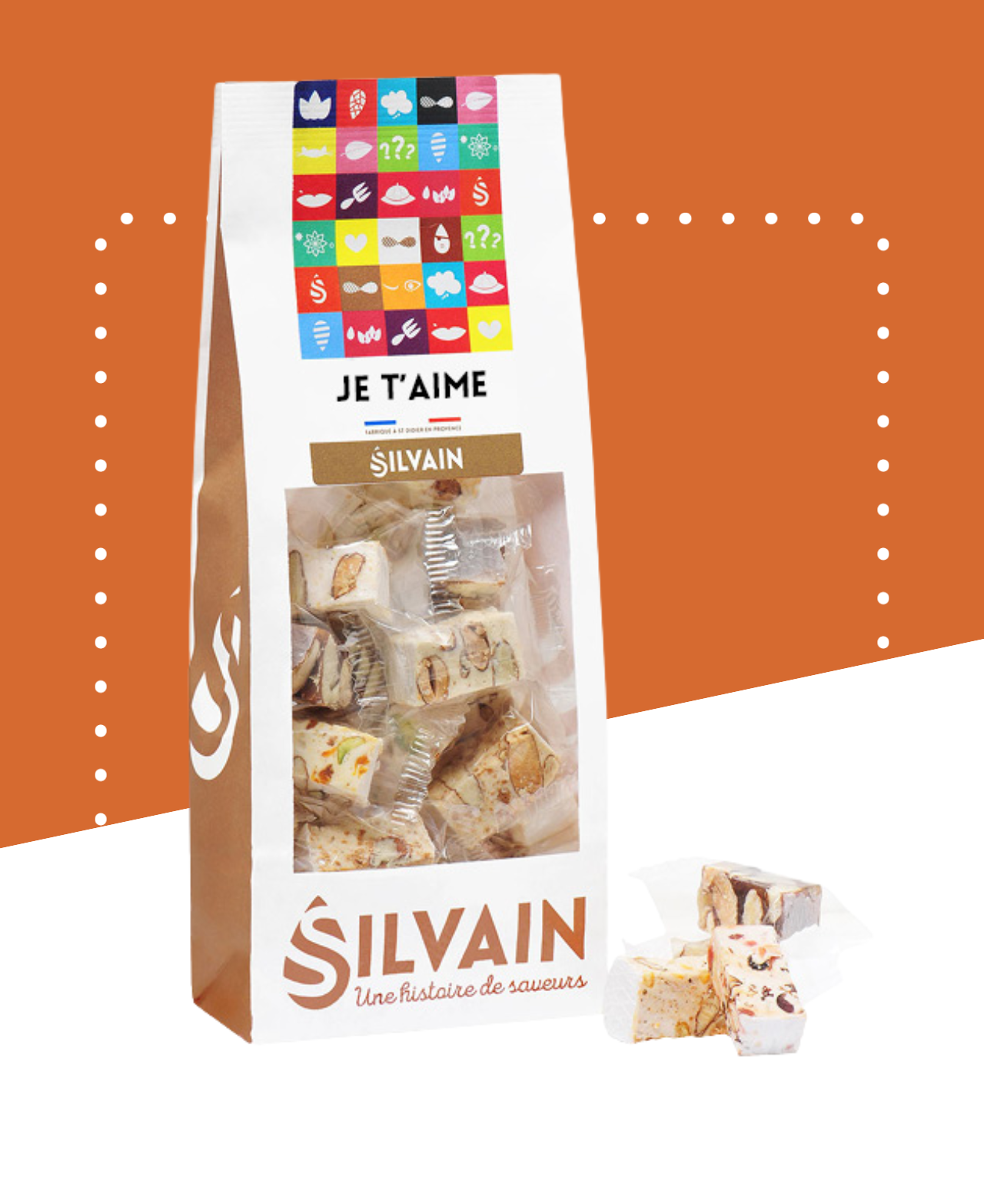 Sachet de 200g de nougats individuels en quatre saveurs différentes.