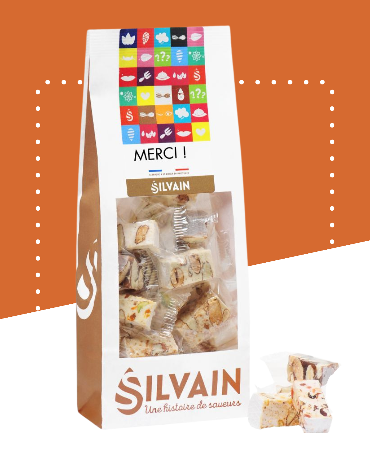 Sachet de 200g de nougats assortis en quatre saveurs emballés individuellement.