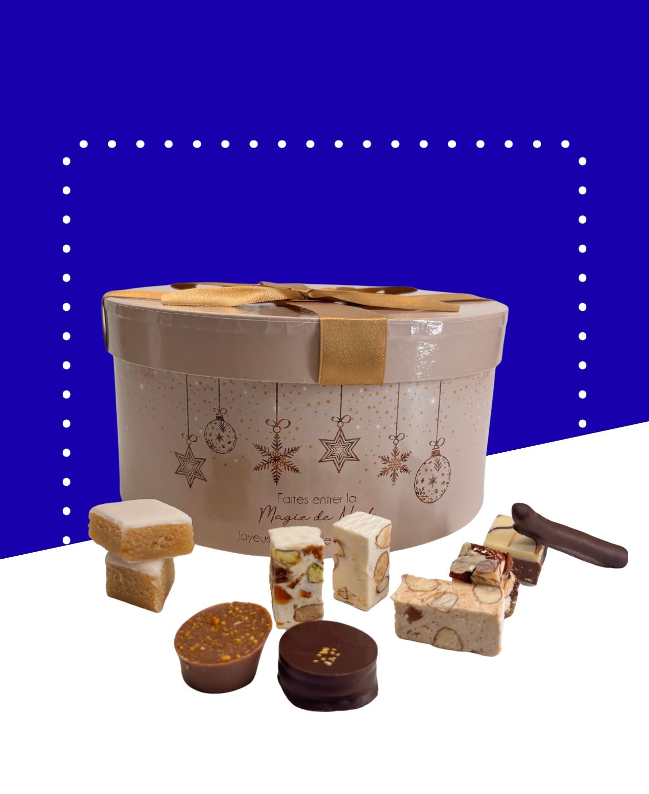 Coffret de chapeau contenant nougats, calissons et chocolats dans une boîte colorée.