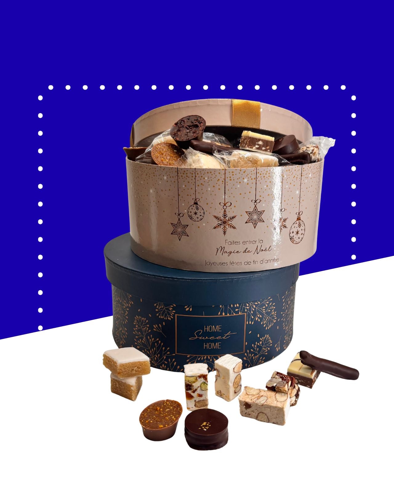 Boîte chapeau festive contenant nougats, calisson et chocolats dans coffret coloré.