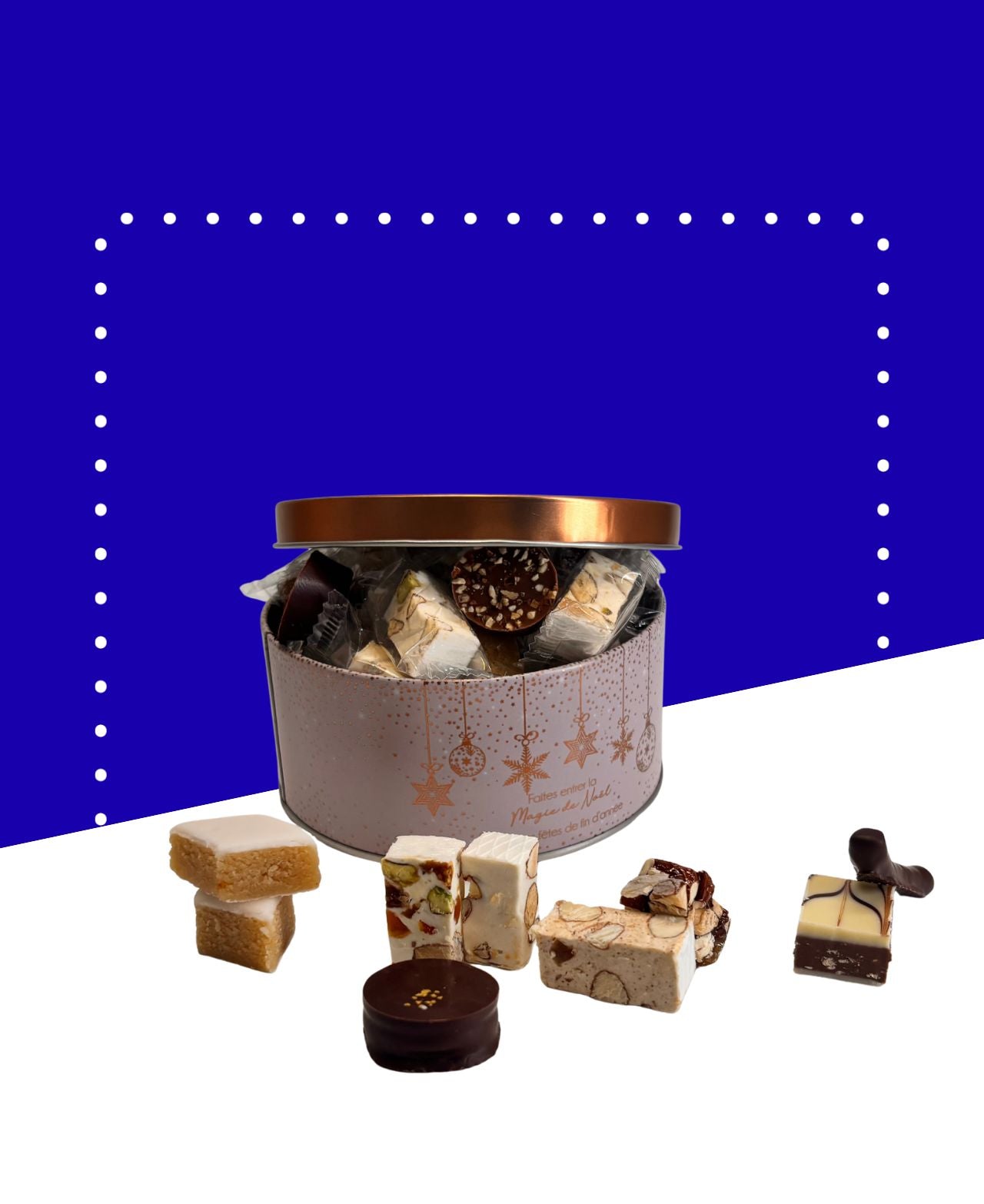 Boîte en métal blanche contenant nougats, calisson et chocolats variés.