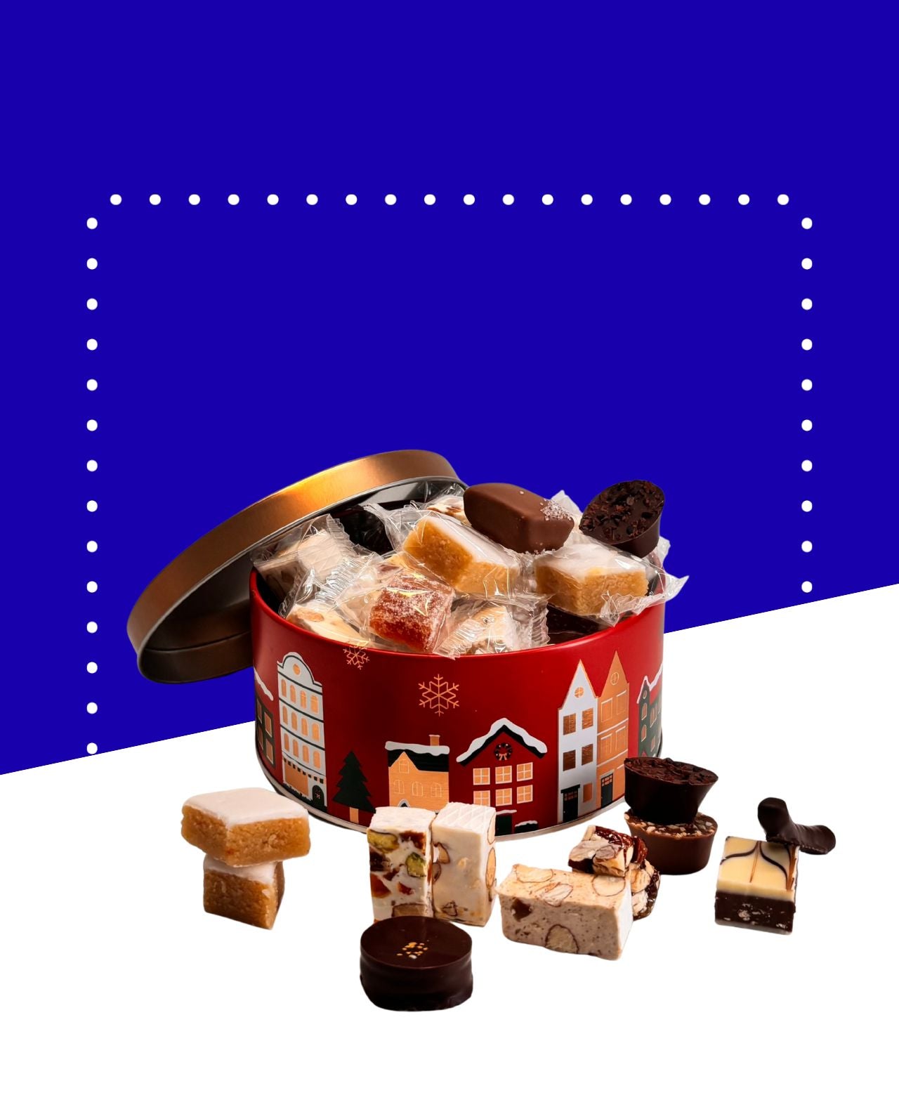 Boîte en métal rouge contenant nougats, calisson et chocolats, disponible en deux formats.