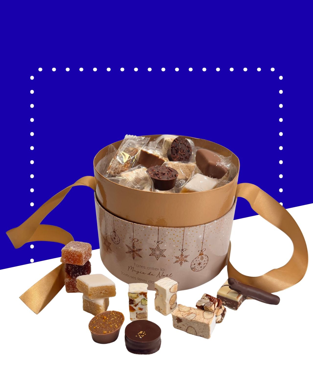 Coffret de Noël avec nougats, calissons, chocolats et pâtes de fruits, 500g au total.