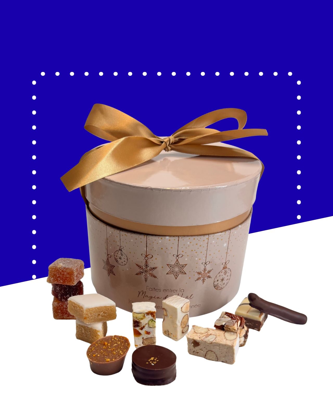 Coffret cadeau avec nougats, calissons, chocolats et pâtes de fruits pour Noël.