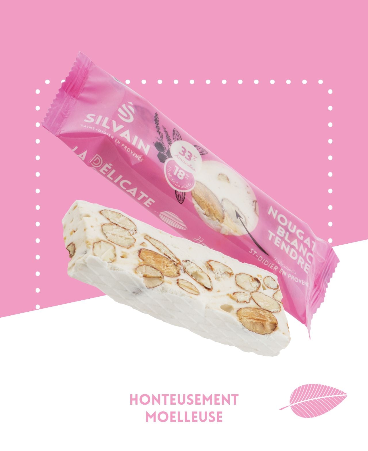Un paquet de nougat blanc tendre de 30g, moelleux avec amandes grillées et miel de lavande.