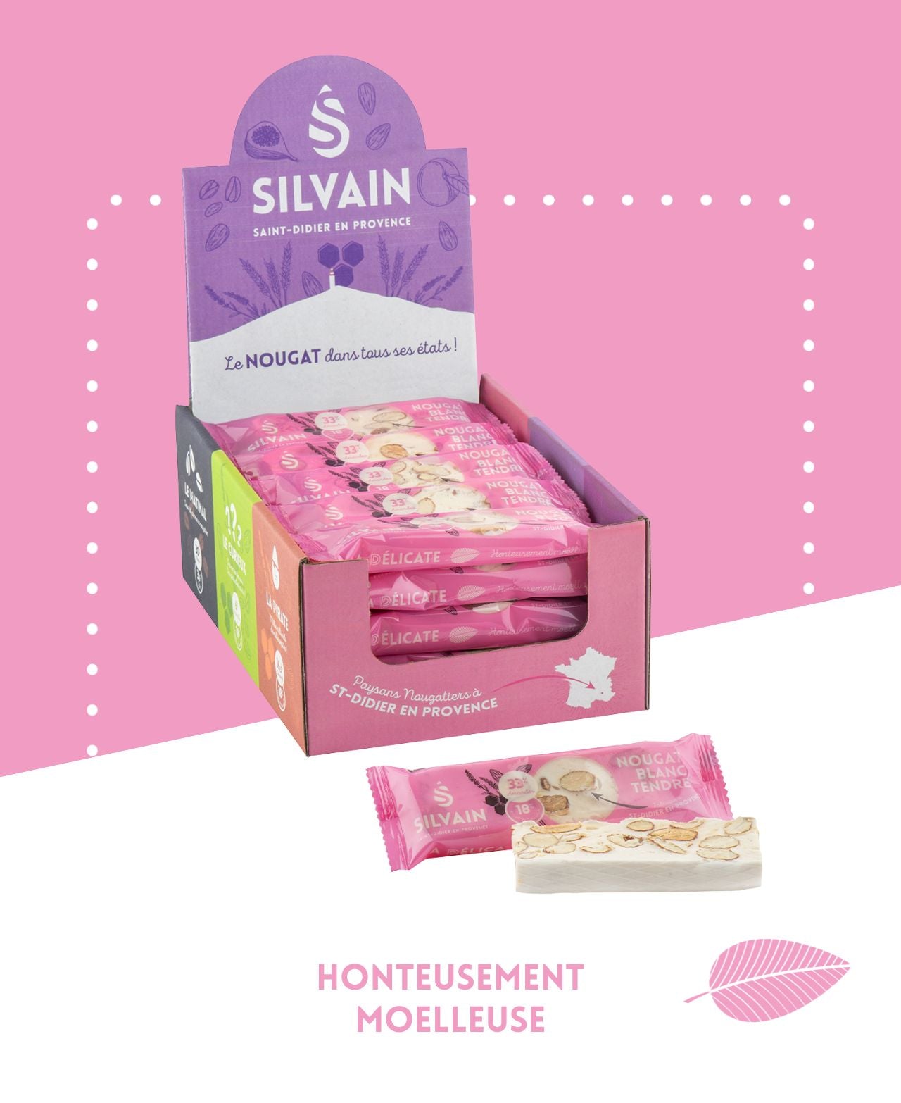 Nougat blanc tendre La Délicate en pack de 30g avec amandes grillées et miel de lavande