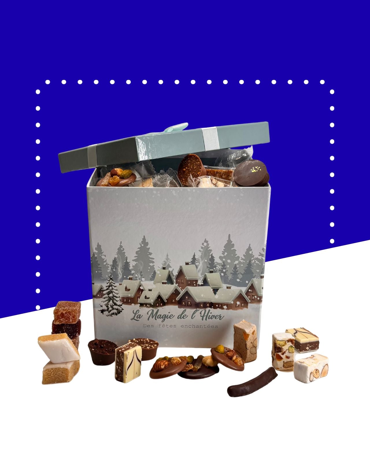 Grand coffret gourmand avec nougats, calisson, chocolats et pâtes de fruits variés.