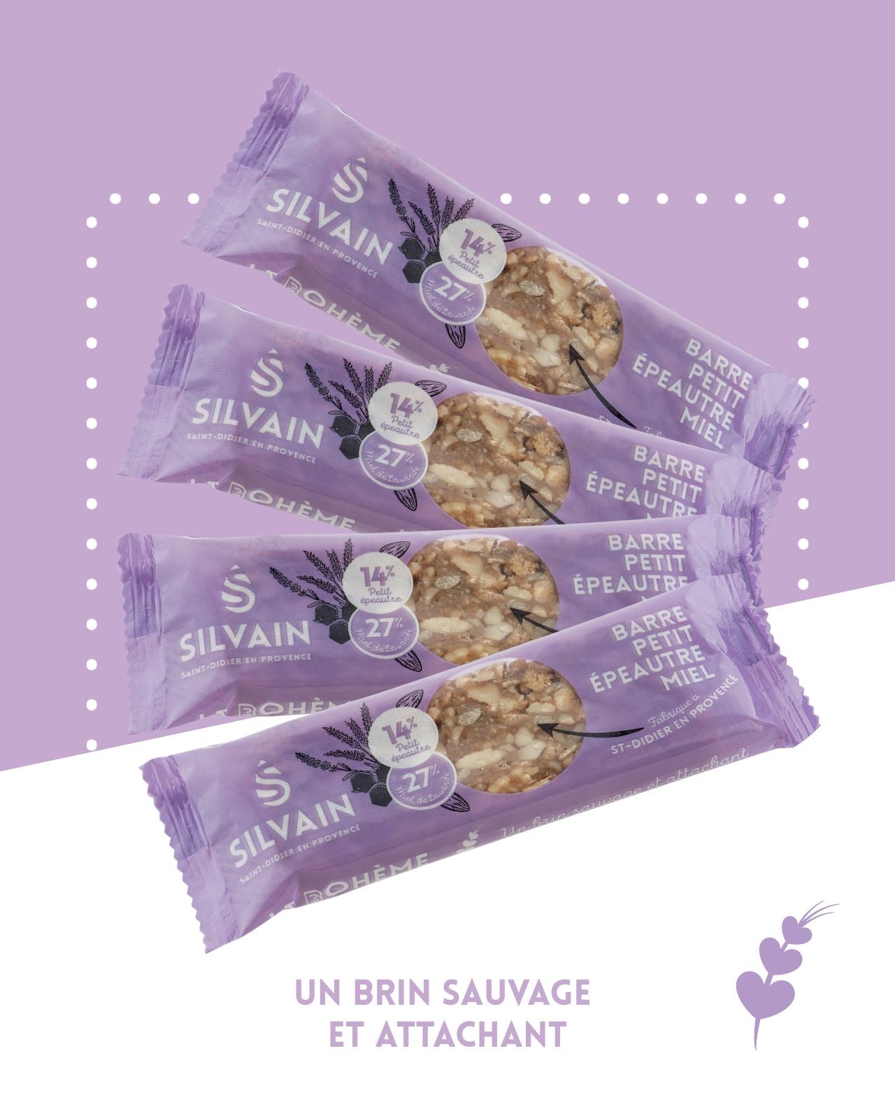 Petit épeautre, miel de lavande, amandes et noisettes en paquet de 30 g.