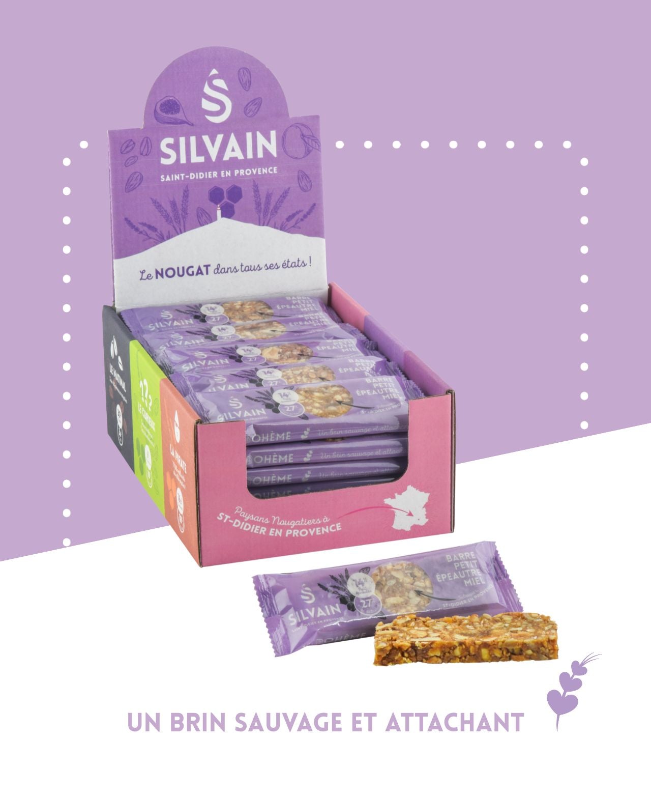 Pack of 30g Le bohème featuring spelt, lavender honey, almonds, and hazelnuts.