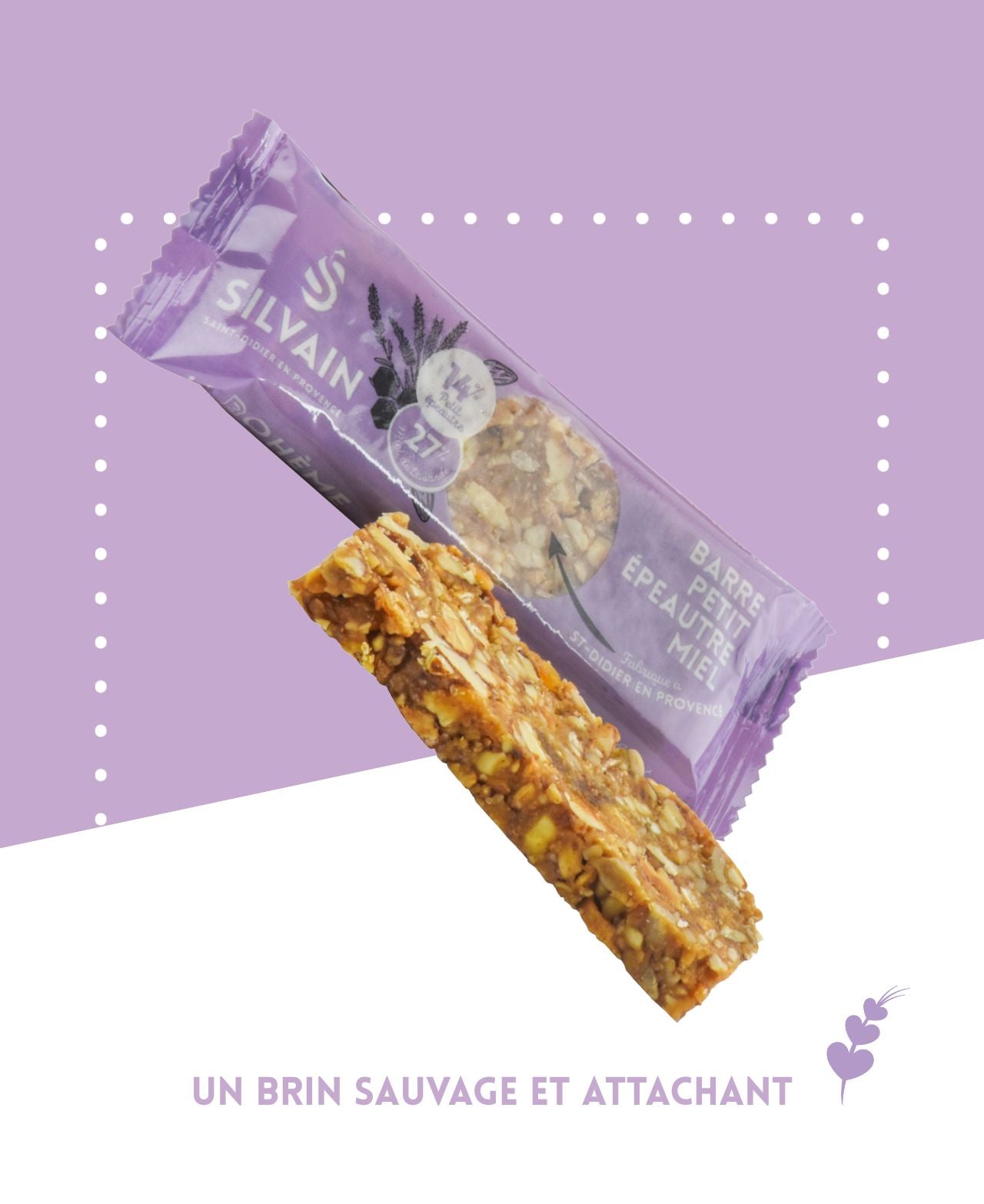 Petits épeautres mélangés avec miel, amandes et noisettes dans un sachet de 30g.