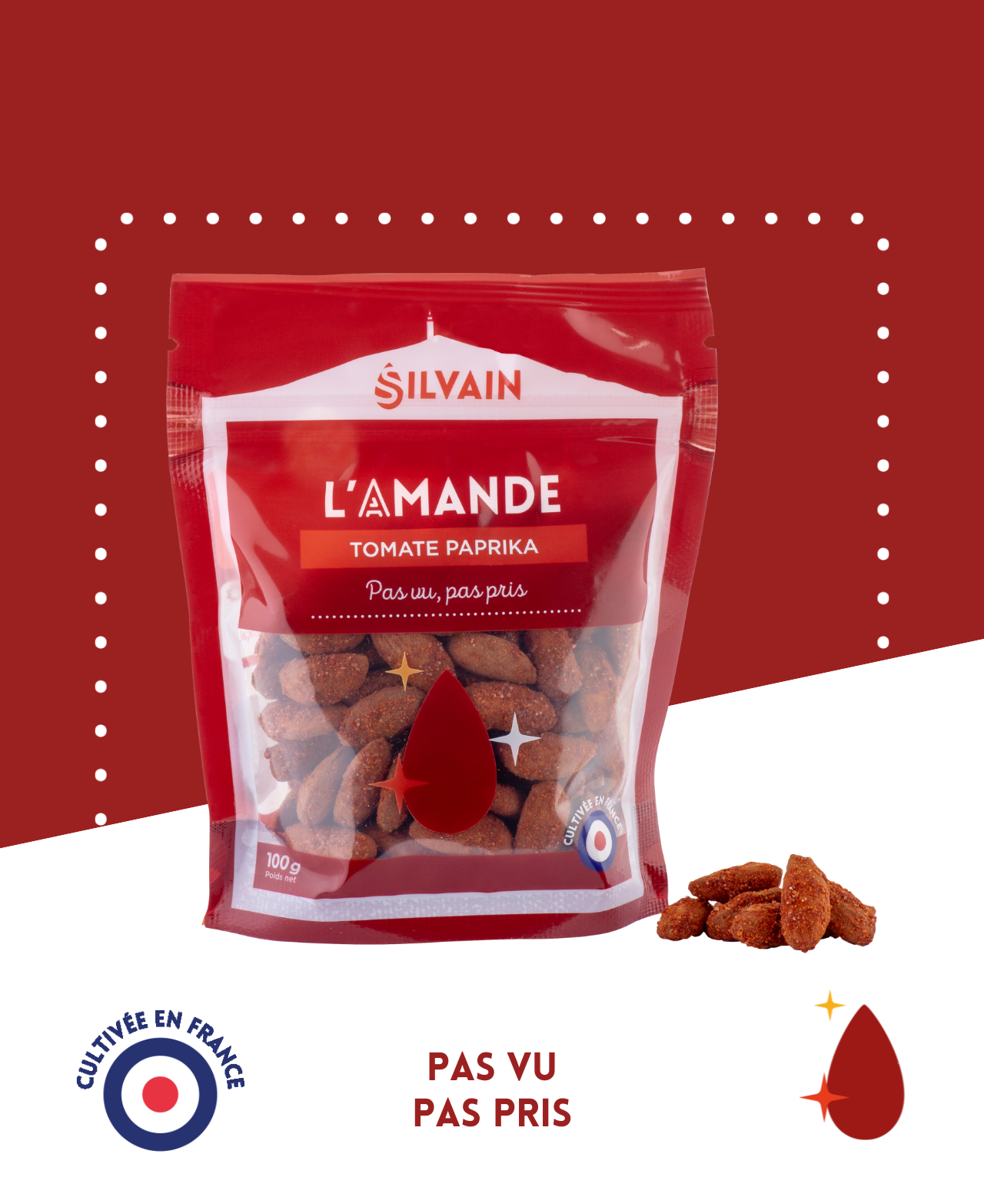 Amandes grillées assaisonnées de tomate et paprika légèrement épicé pour l'apéritif.