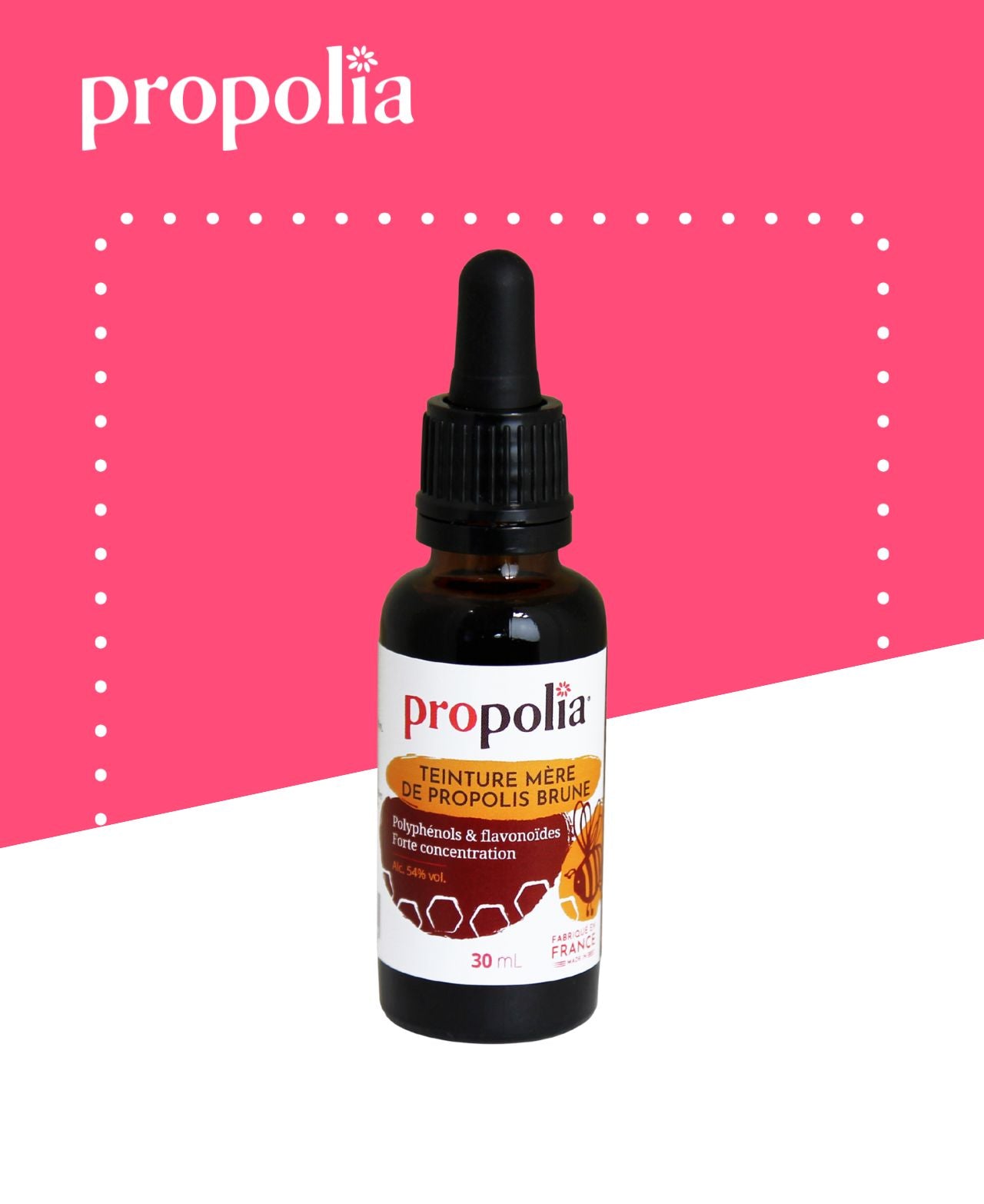 Flacon de 30 mL de teinture mère de propolis avec pipette et étiquette verte et blanche.