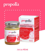 Ampoules en verre contenant un mélange de propolis, miel, pollen, gingembre et acérola.