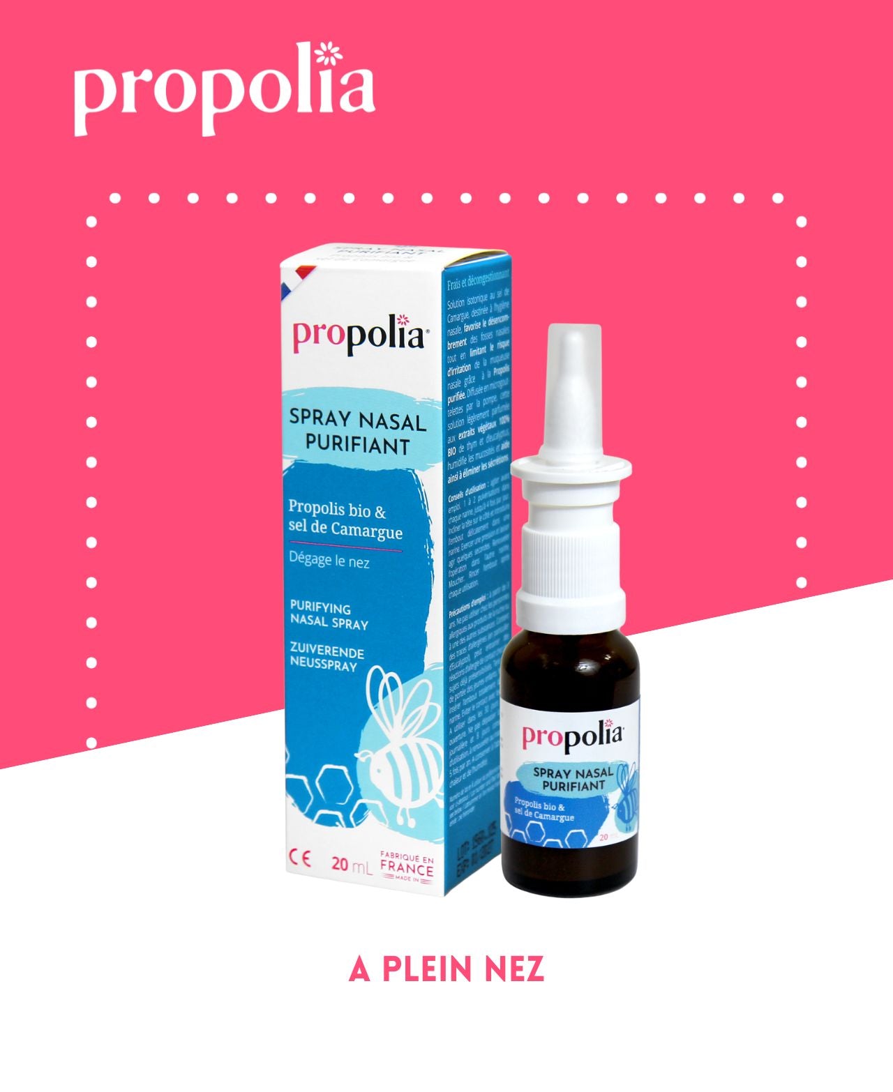 Flacon de spray nasal avec étiquettes indiquant propolis et sel de Camargue.
