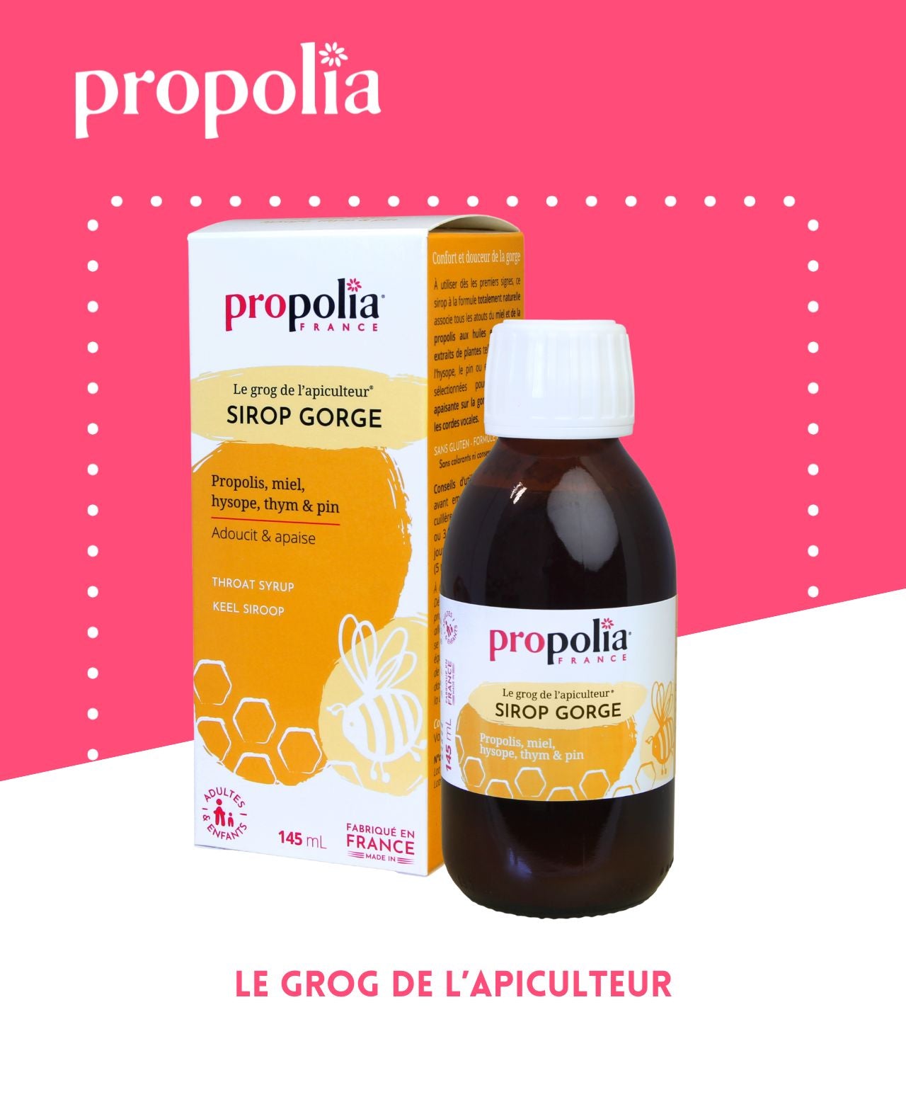 Flacon en verre de sirop naturel pour la gorge au miel, propolis et citron de 145 mL.
