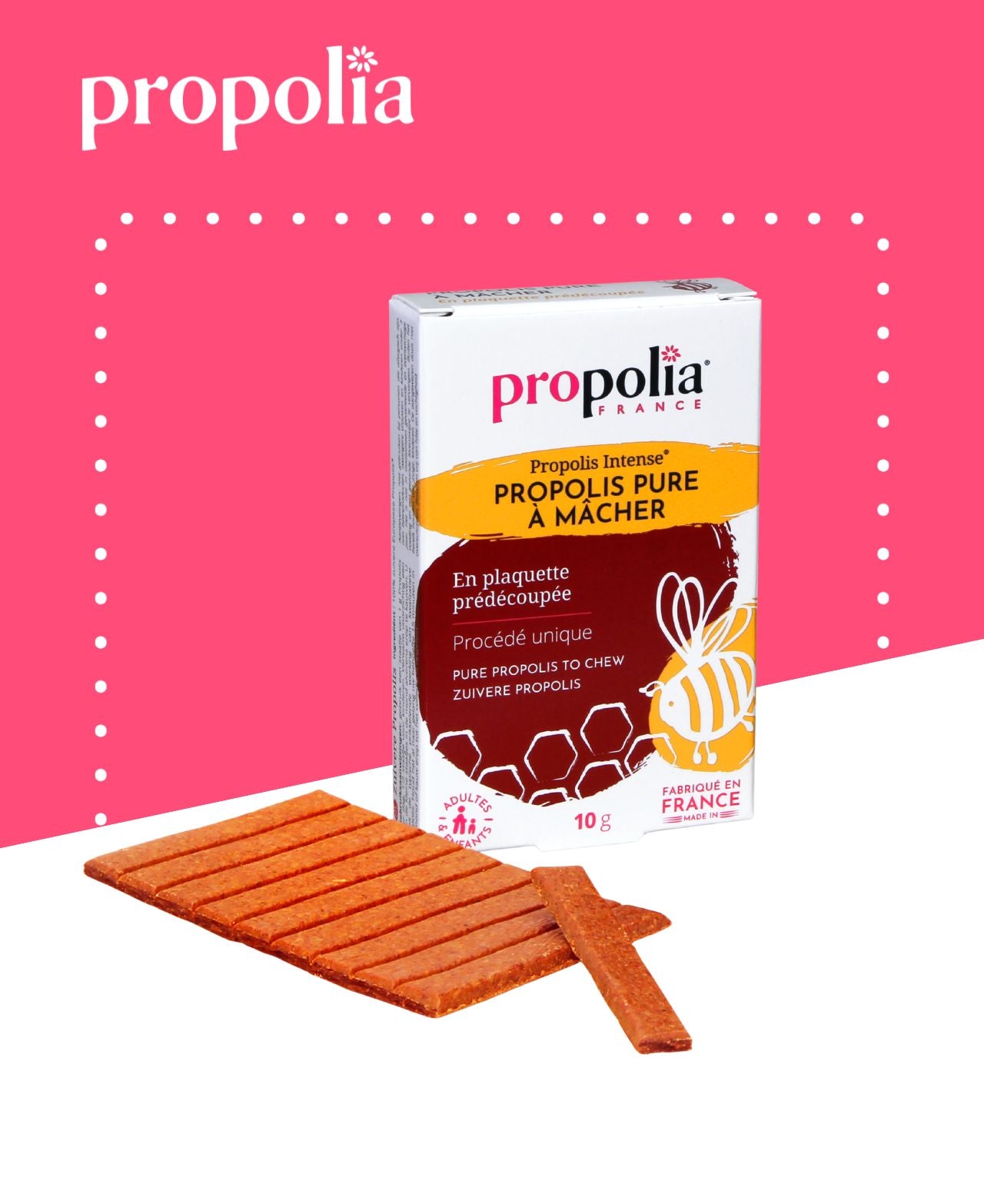Plaquette de propolis pure à mâcher, découpée en portions de 1 g pour une utilisation facile.