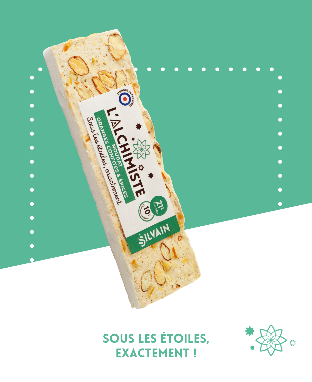 Nougat blanc L'alchimiste aux épices et morceaux d'oranges confites visible en gros plan