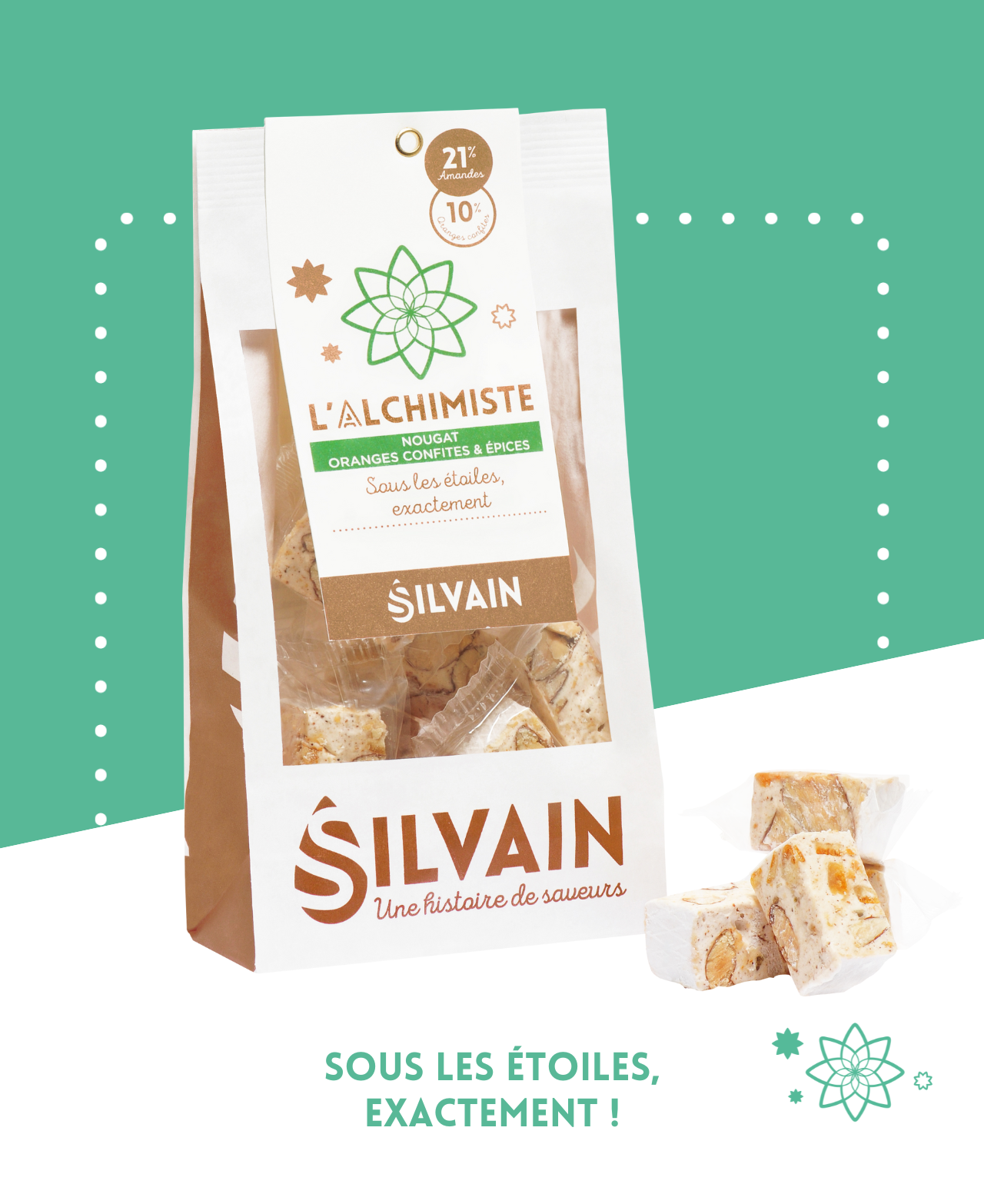 Nougat blanc aux épices et oranges confites, présenté dans un emballage élégant.