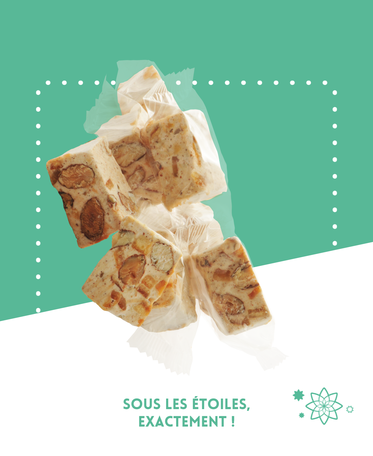 Nougat blanc aux épices avec morceaux d'oranges confites dans un emballage élégant.