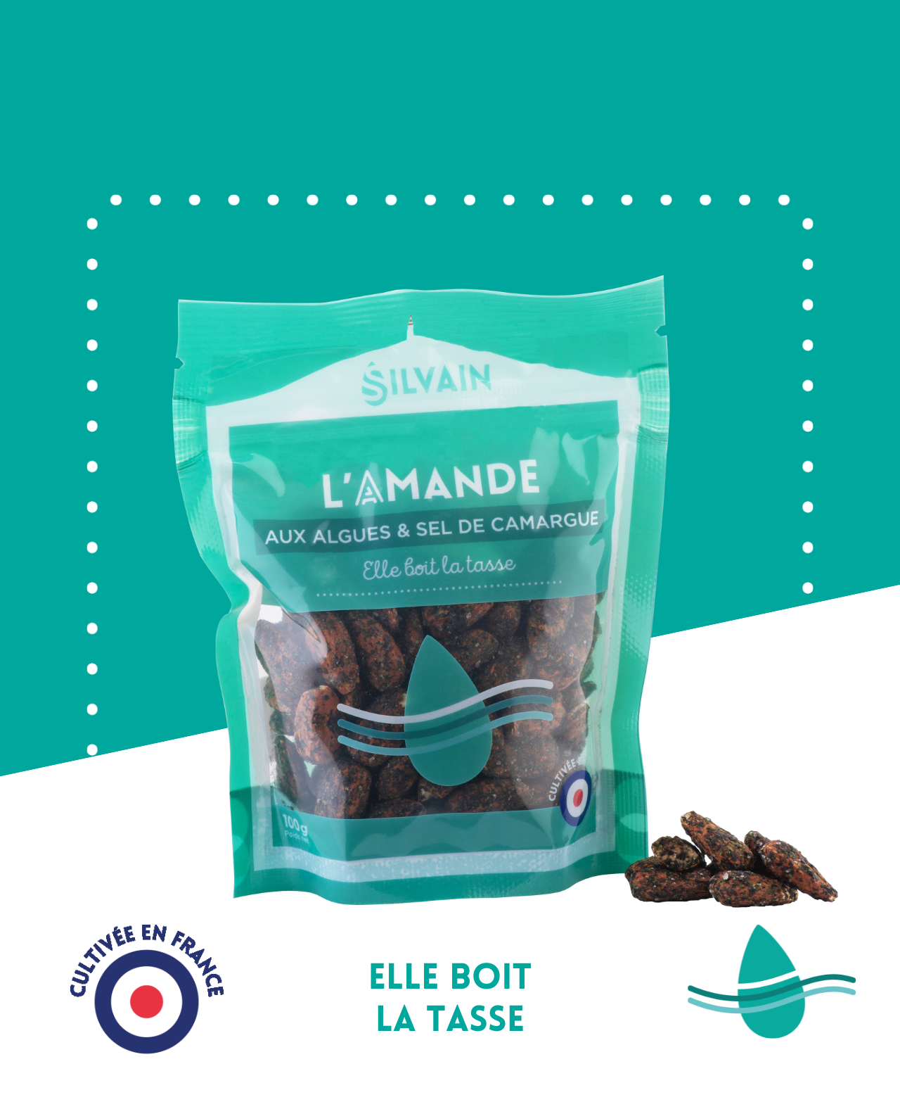 Amandes enrobées d'algues et sel de Camargue dans un emballage attrayant.