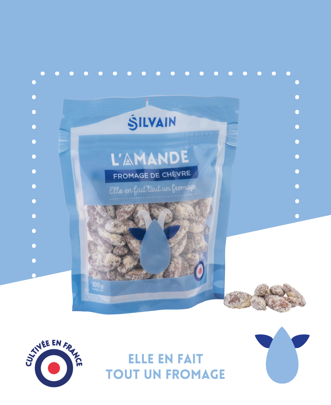 Amandes enrobées de fromage de chèvre, idéales pour l'apéritif ou les salades.
