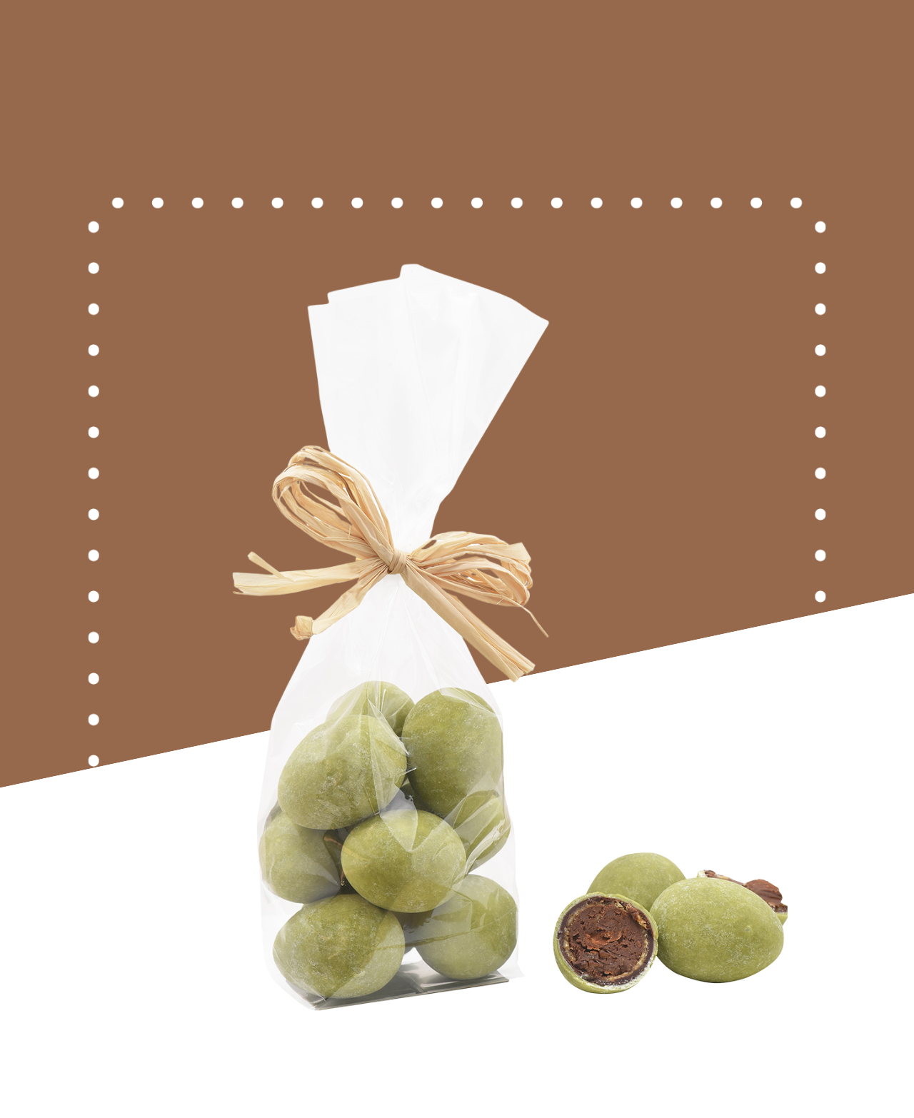 Des amandons enrobés de chocolat avec une couche de nougatine croquante.
