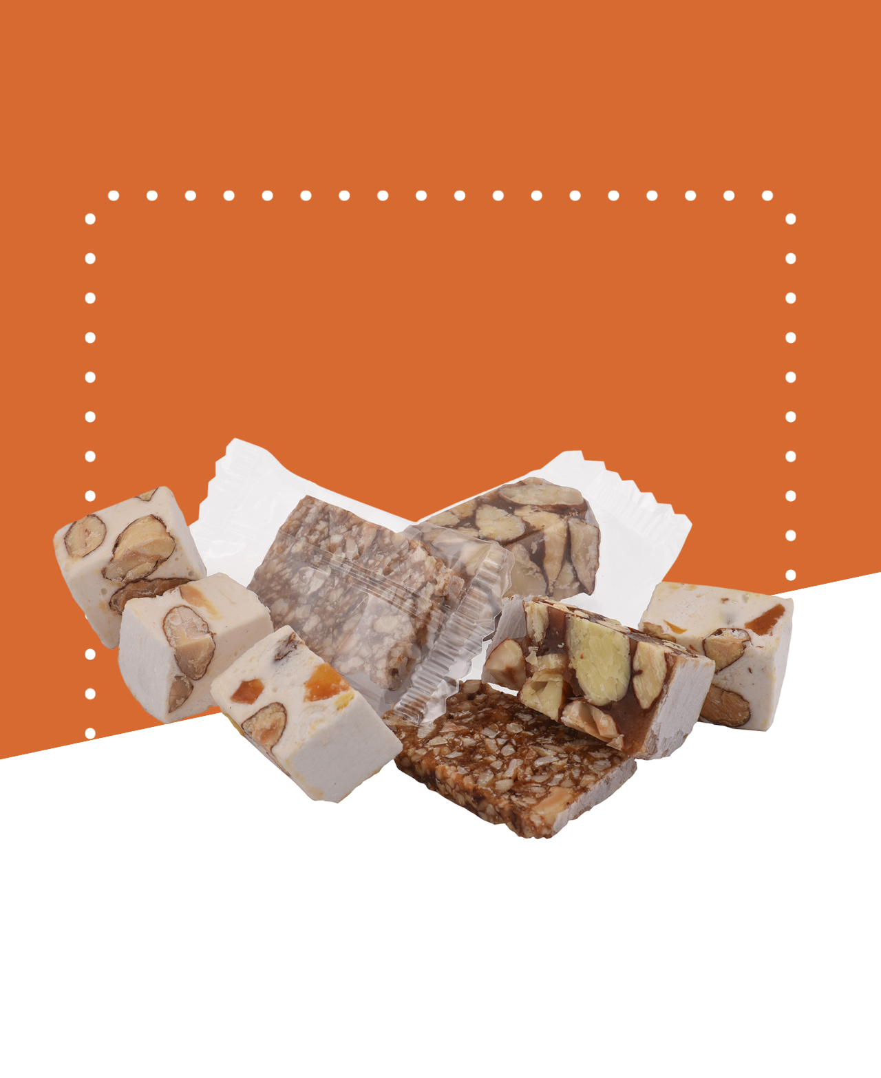 Sachet de 500g contenant quatre variétés de nougats aux saveurs différentes.