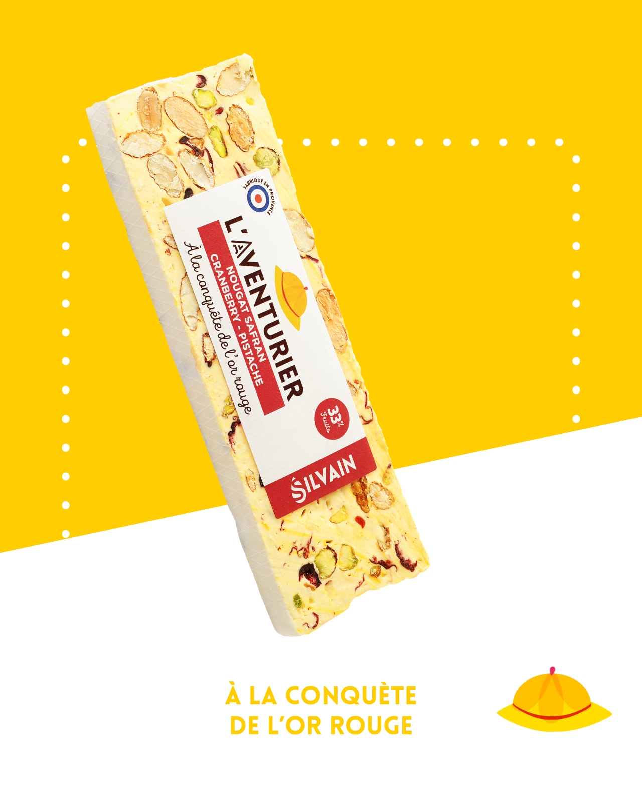 Nougat blanc avec safran, cranberry et pistaches visibles en morceaux colorés
