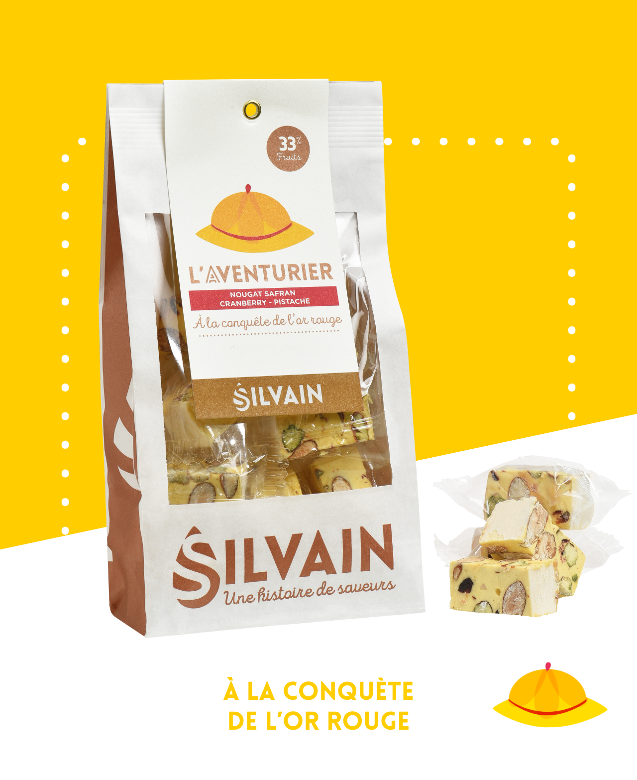 Nougat blanc au safran, cranberry et pistache, présenté dans un emballage coloré.