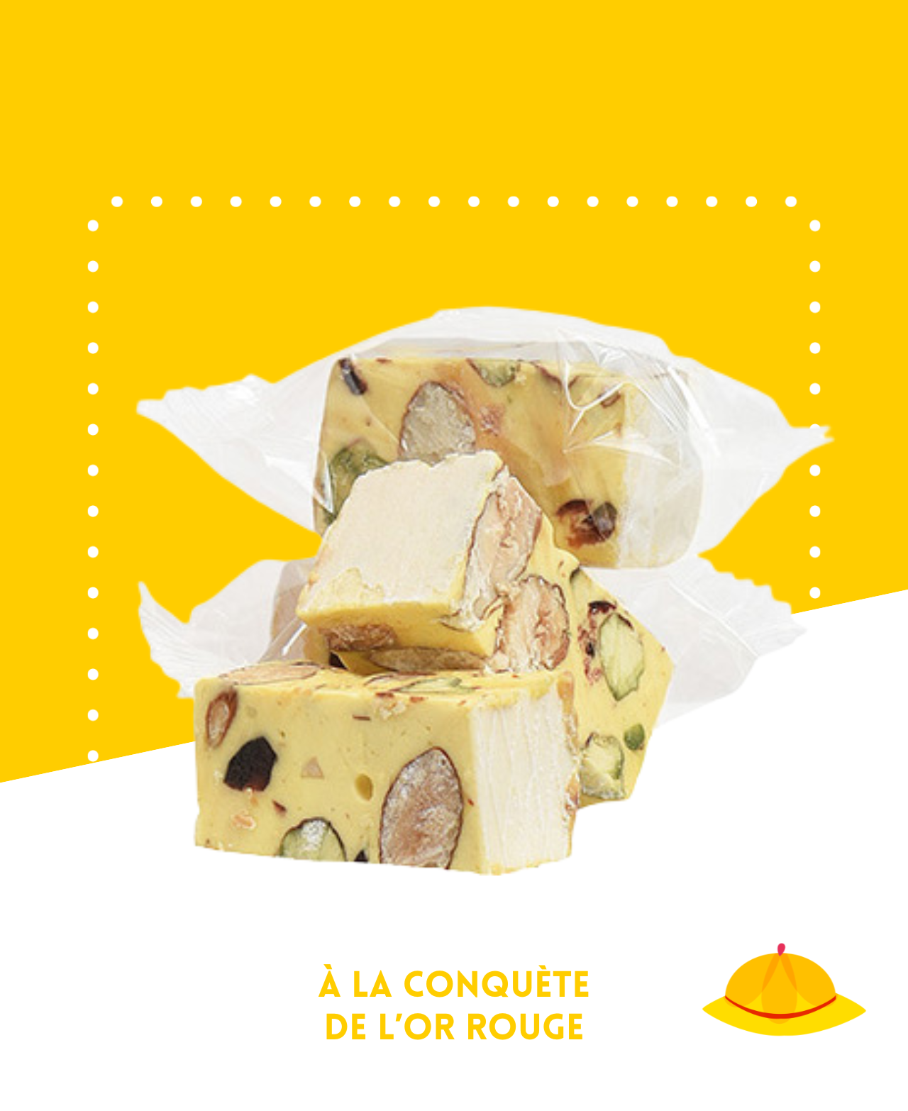 Nougat blanc avec safran, cranberry et pistaches visibles en morceaux colorés