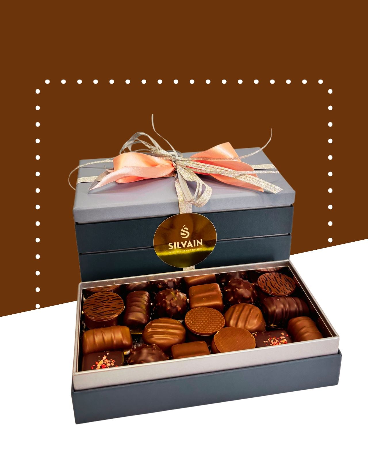 Assorted dark and milk chocolates in a decorative box by SCHAAL.