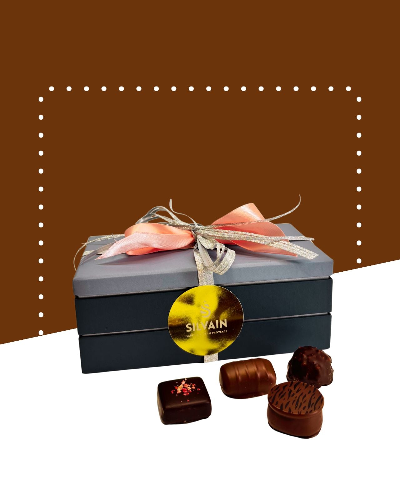 Assorted dark and milk chocolates in a decorative box by SCHAAL.