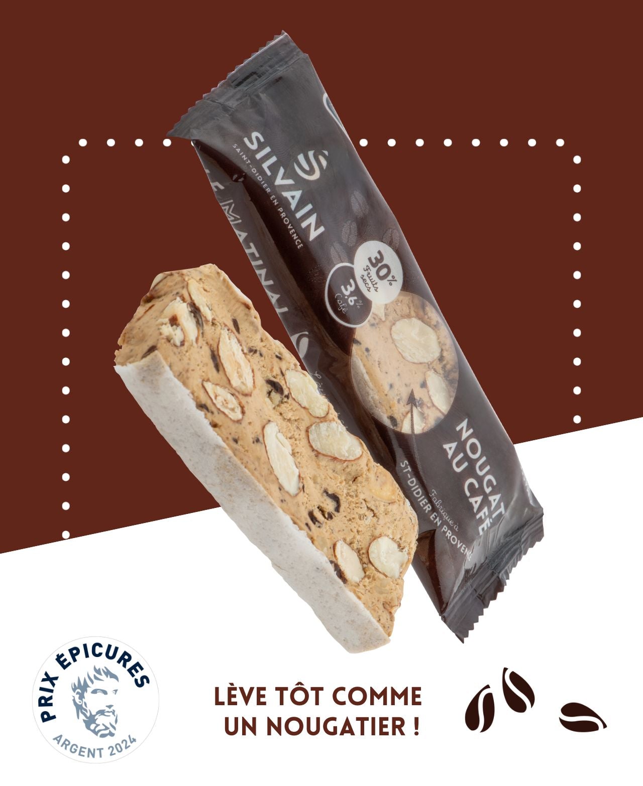 Nougat au café de 30g, avec une texture fondante et des morceaux croquants.