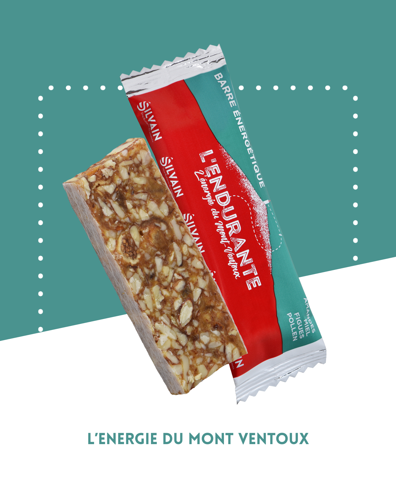 Barre énergétique avec amandes, miel, figues, raisins et pollen, idéale pour les sportifs.