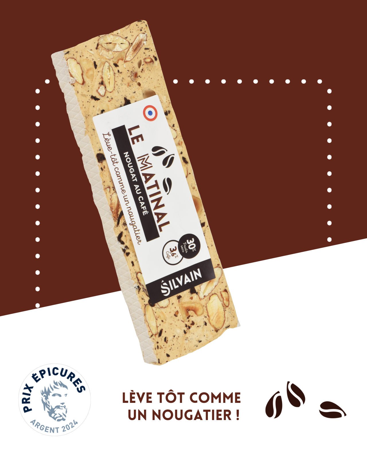 Nougat blanc au café, avec une texture fondante et croquante, présenté en morceaux.