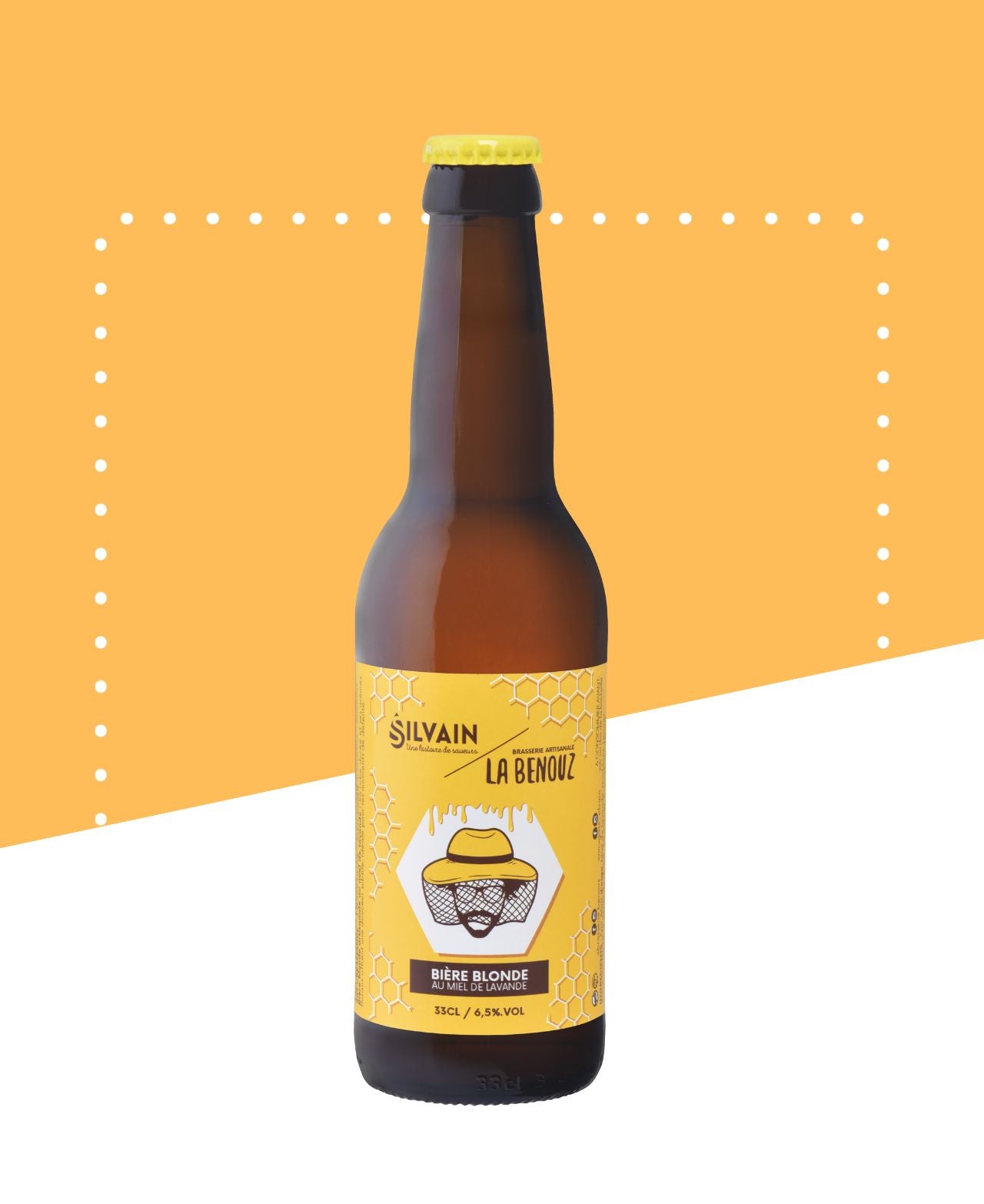 Bière blonde artisanale dorée au miel de lavande avec des arômes floraux subtils.