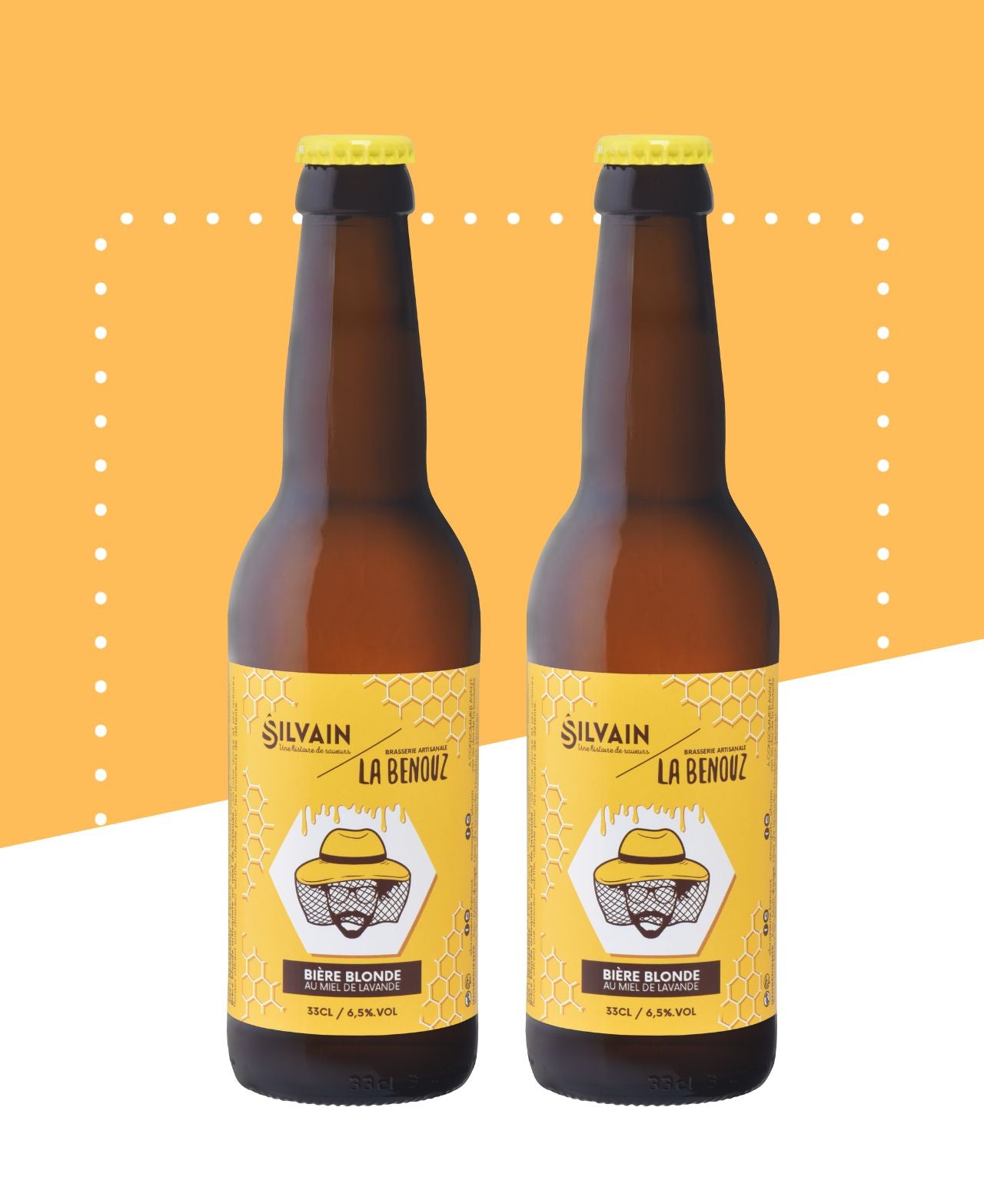 Bière blonde artisanale au miel de lavande avec une robe dorée et arômes floraux.