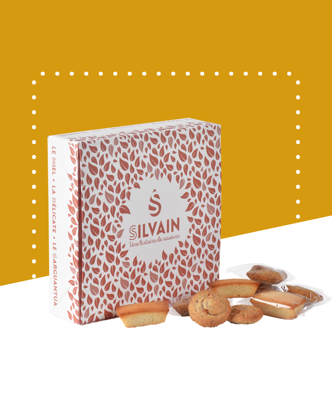 Boîte de macarons et financiers moelleux à la poudre d'amandes, emballés individuellement.