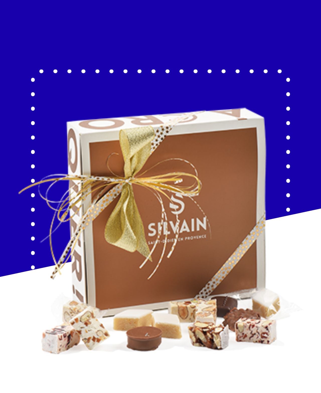 Coffret de spécialités SILVAIN avec nougats, calisson et pâtes de fruits ou chocolats.