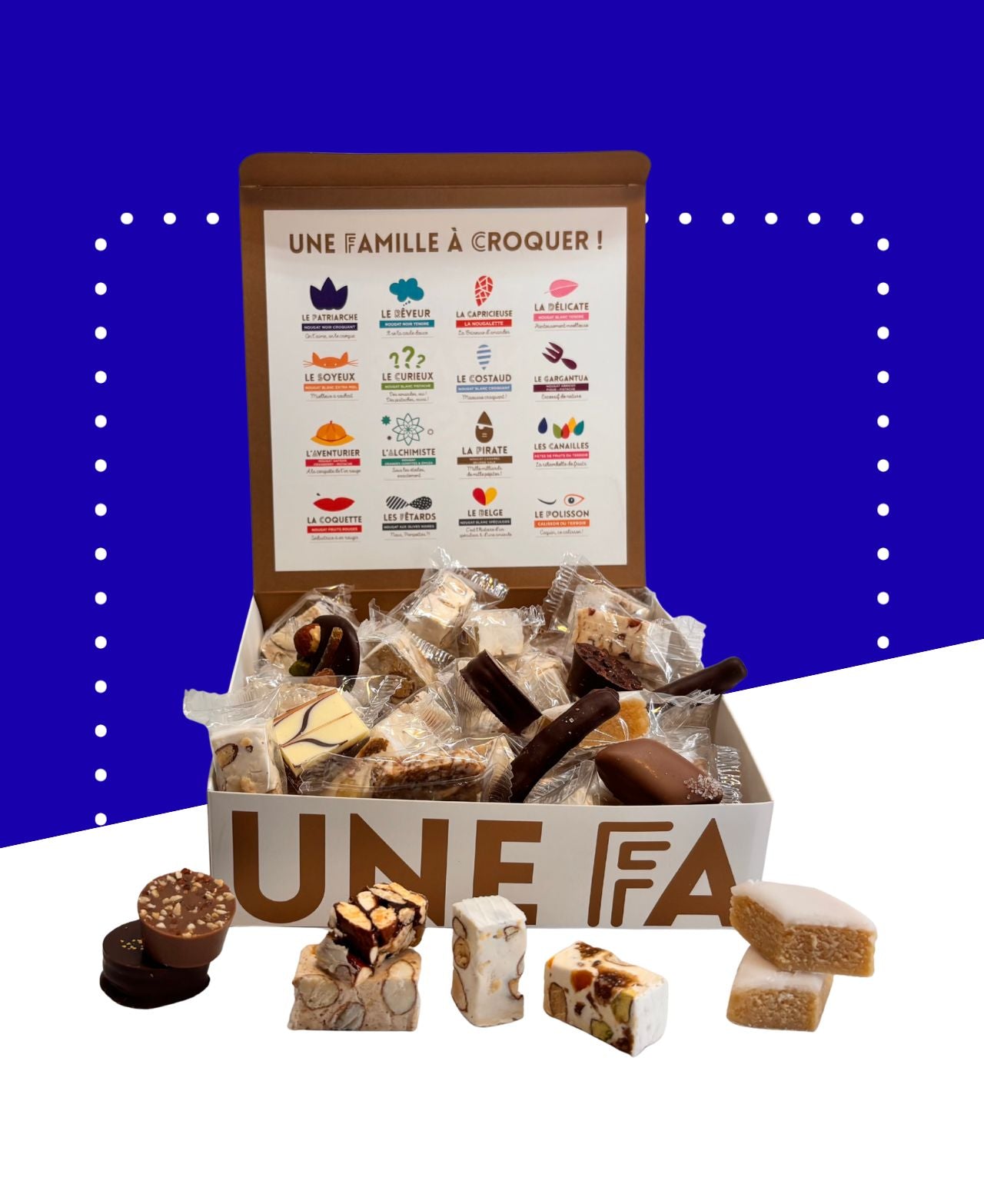 Coffret cadeau LA COUSINADE SILVAIN avec nougats, calisson, pâtes de fruits ou chocolats.