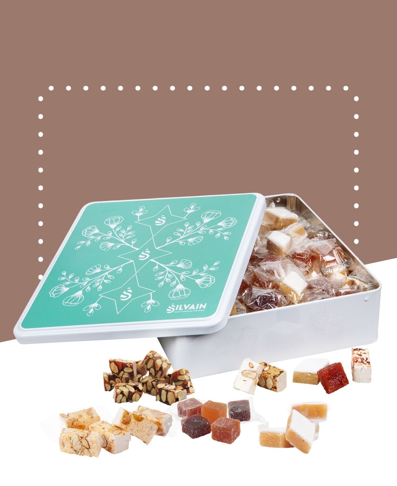 Coffret Boîte métallique Assortiment nougats, polissons & pâtes de fruits