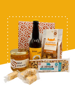 Coffret cadeau contenant nougat, miel d'acacia, nougat noir et bière au miel.