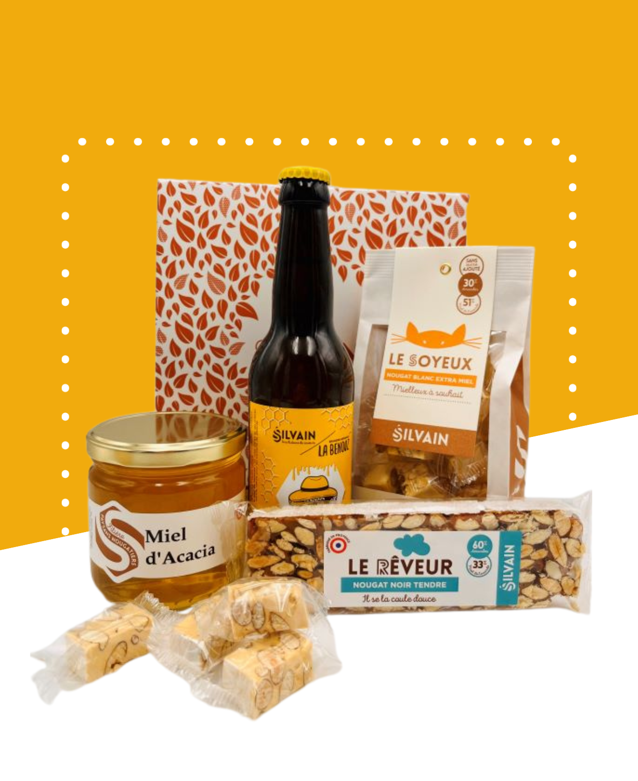 Coffret cadeau contenant nougat, miel d'acacia, nougat noir et bière au miel.