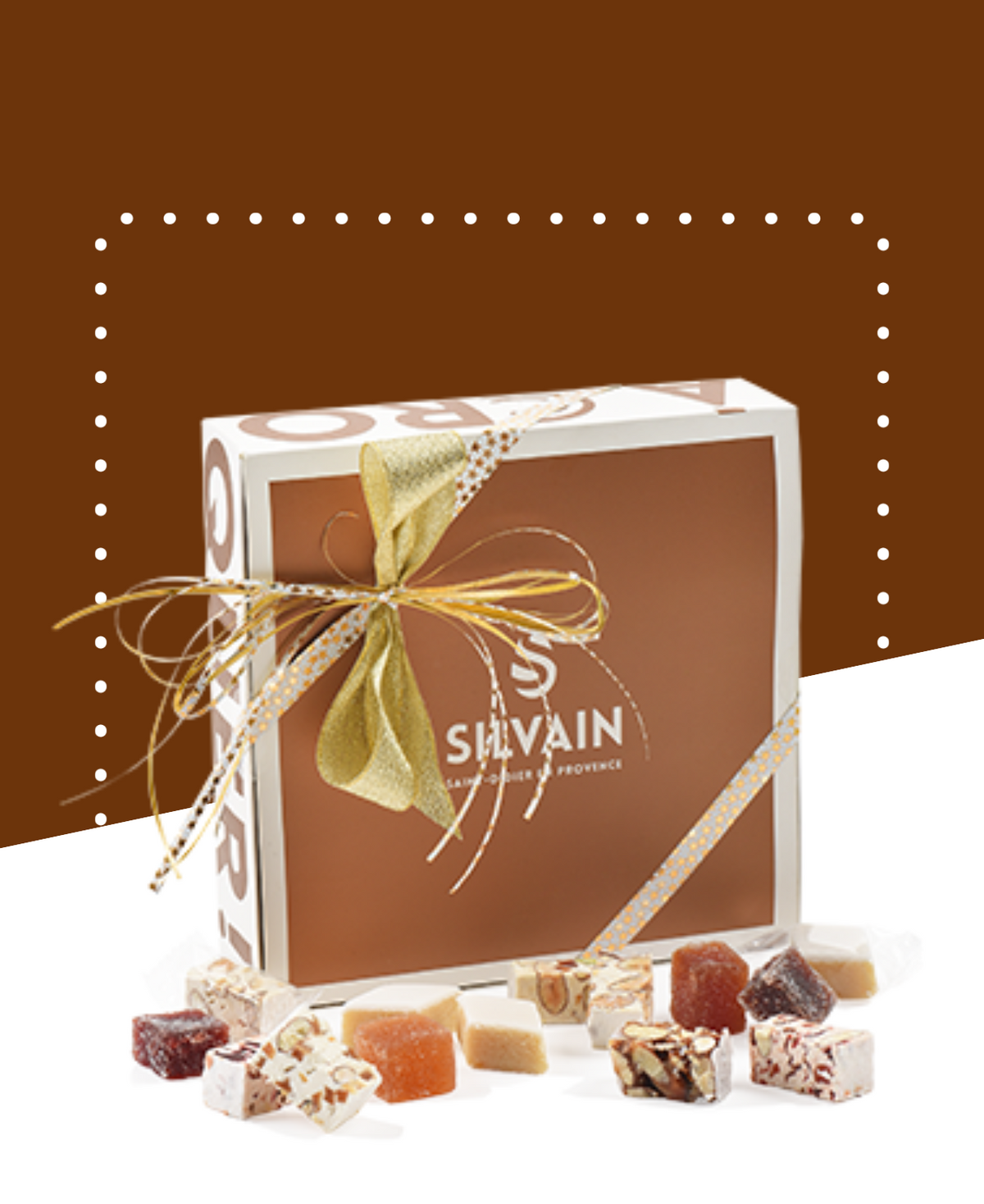 Coffret cadeau contenant nougats, calisson et pâtes de fruits de la marque SILVAIN.
