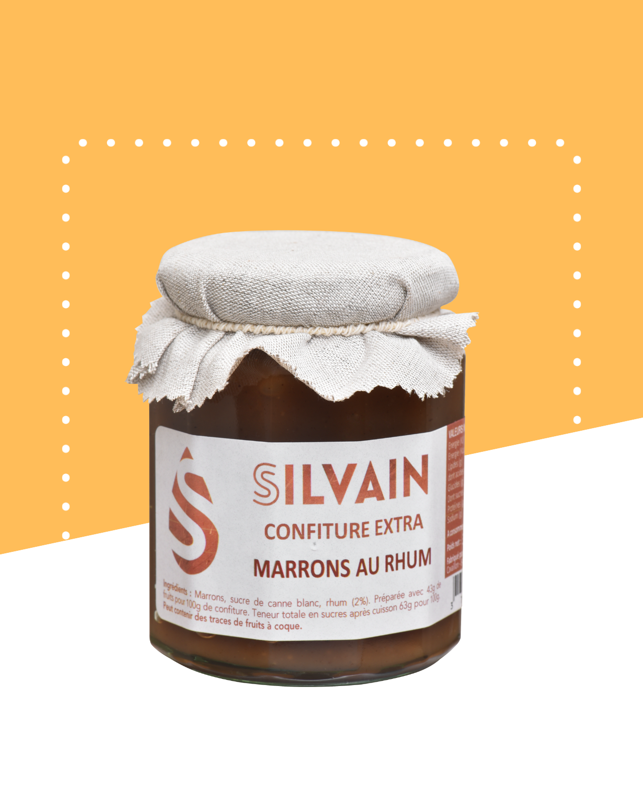 Un pot de confiture de marron au rhum, étiqueté "Confitures Extra", sans additifs artificiels.