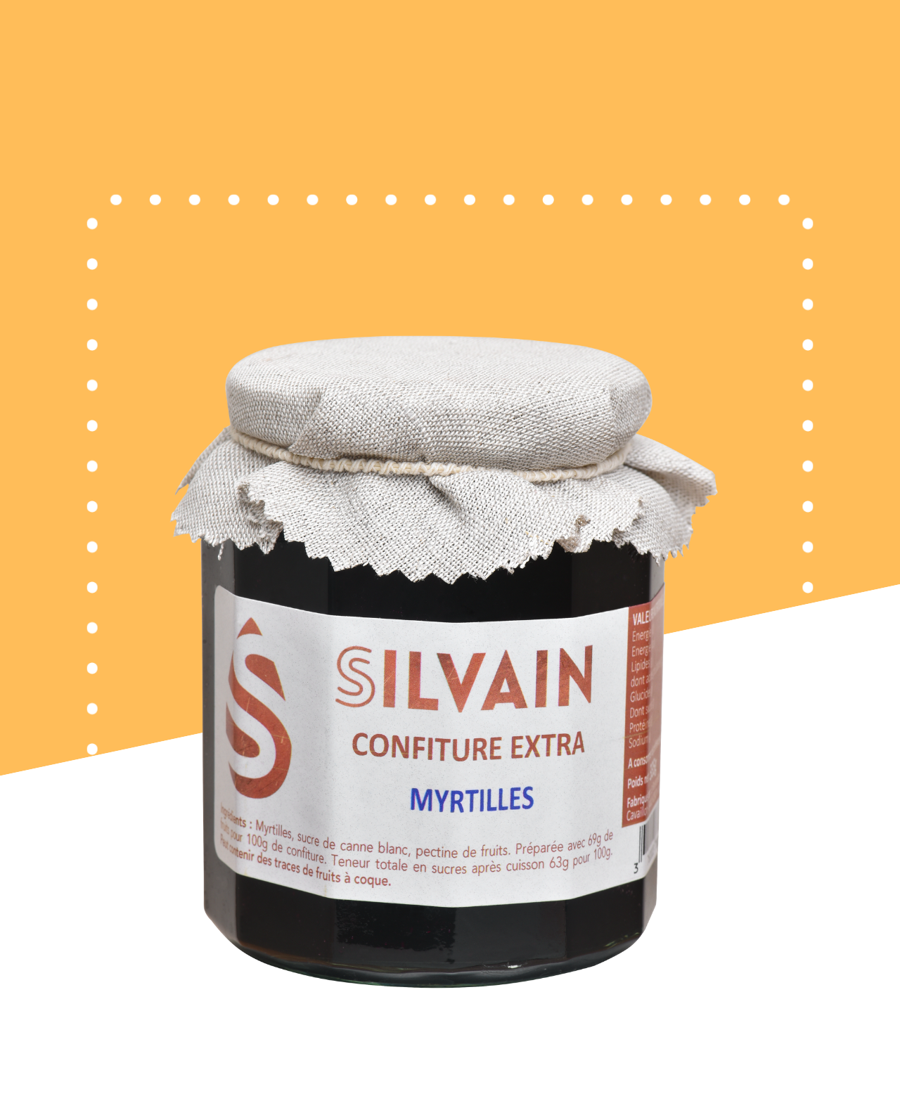 Confiture de myrtilles en pot en verre, couleur violet foncé, texture lisse et brillante.