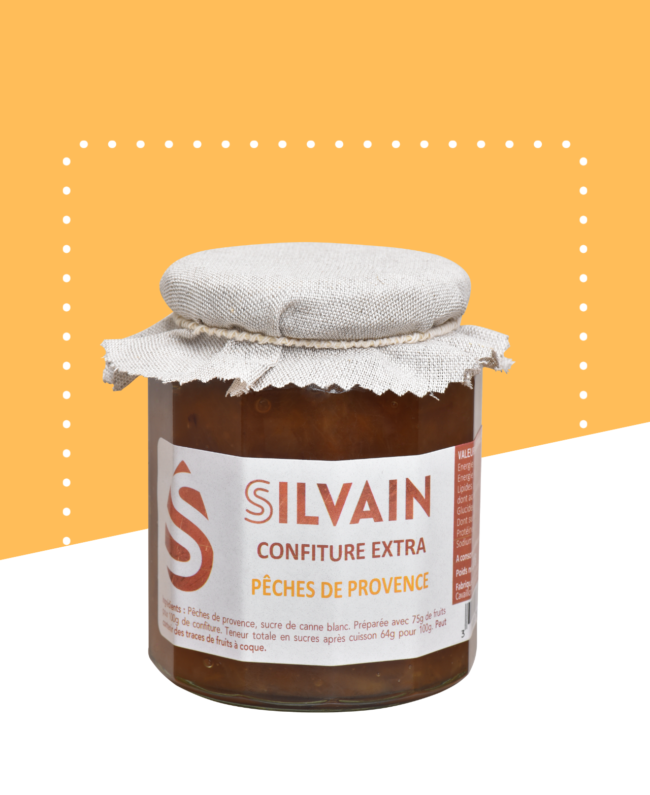 Jar of peach jam with a rich golden color, showcasing a natural fruit texture.