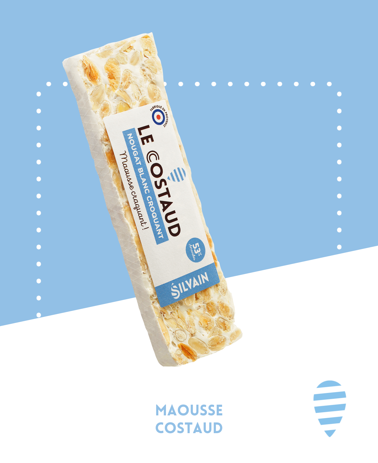 Nougat blanc croquant avec 53 % d'amandes émondées, évoquant le turrón espagnol.